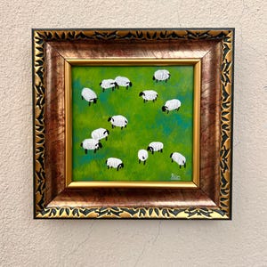 ORIGINAL oil landscape wall art, Vintage style sheep rustic painting, Vintage decor framed art birthday gift, Farmhouse maximalist decor