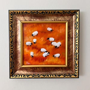 ORIGINAL oil landscape wall art, Vintage style sheep rustic painting, Vintage decor framed art birthday gift, Farmhouse maximalist decor