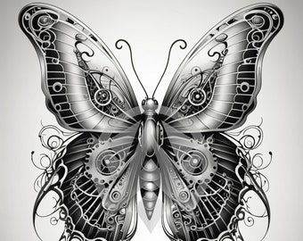 Diseño de tatuaje de mariposa biomecánico: descarga fácil, alta resolución (4k+). Incluye versión transparente PNG y plantilla de tatuaje imprimible.