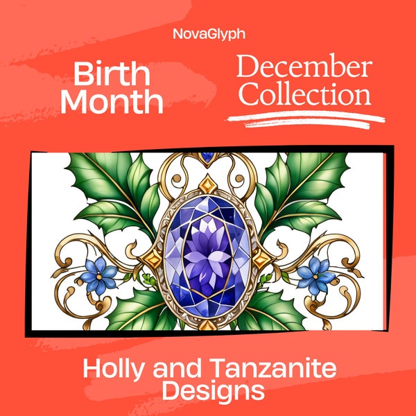 December Birthstone and Birth Flower Tattoo Design Collection | 8 Premium Full-Color Artworks and Tattoo Stencils (Holly and Tanzanite)