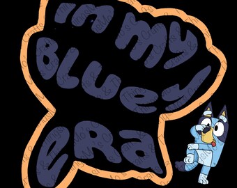 May include: A blue cartoon dog with a red tongue is peeking out from behind a large orange outline of a hand with the words "in my blue era" written inside.