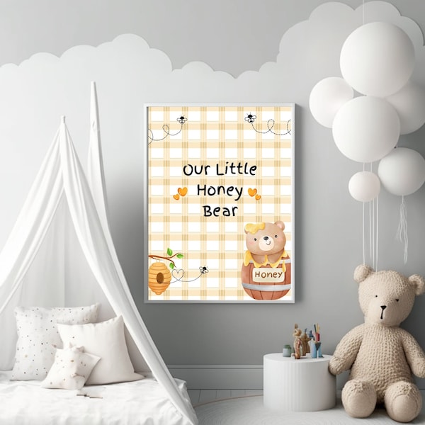 Our Little Honey Bear Nursery Digital Download, Nursery bear bee decor, Playroom decor, Kids room, daycare, wall art print, baby shower,