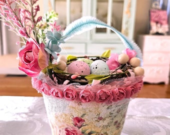 Pink Roses - Rosette Pail - Spring, Bird Nest, Eggs, Flowers, Decoupage