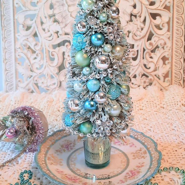 Teal Aqua Mint Tree - Mercury Glass ornaments, garland, glitter, raffia