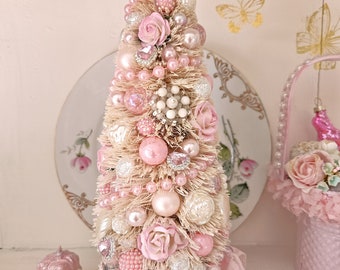 Shabby Chic Teacup Bottle Brush Tree - PINK ROSES, Pearly Hearts, Rhinestones, Lace, Romantic