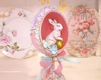 Easter Bunny Egg - Shabby PINK ROSES, pedestal, elegant, OOAK