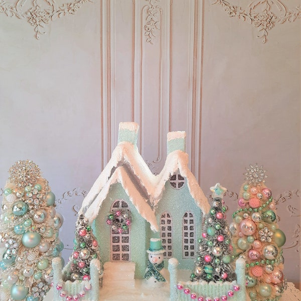 Aqua Mint Putz House - Cottage, Bottle Brush trees, Snowman, Glitter, Pastel, Lighted