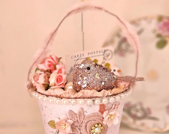 BLUSH Pink Pail - Roses, Venice Lace, French Postale Card - Glitter Birds, Pearls