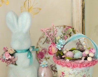 Aqua Flocked Easter Bunny Rabbit - Vintage Rose Posy, Pink Foiled Egg