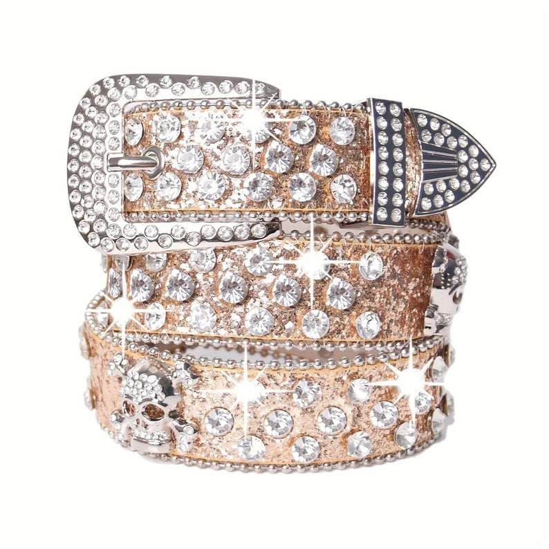 Skull Rivet Rhinestone Bb Belts Trendy Solid Color Sparkling PU Leather Belt Cowboy Cowgirl Jeans Pants Belt For Women Girls image 10