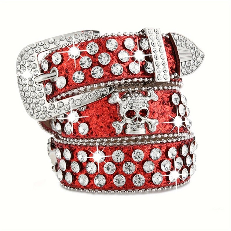 Skull Rivet Rhinestone Bb Belts Trendy Solid Color Sparkling PU Leather Belt Cowboy Cowgirl Jeans Pants Belt For Women Girls image 8