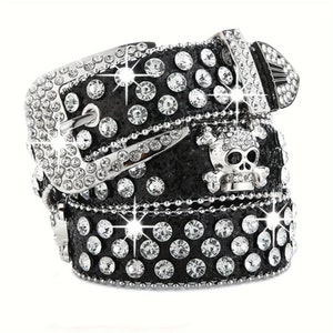 Skull Rivet Rhinestone Bb Belts Trendy Solid Color Sparkling PU Leather Belt Cowboy Cowgirl Jeans Pants Belt For Women Girls image 7