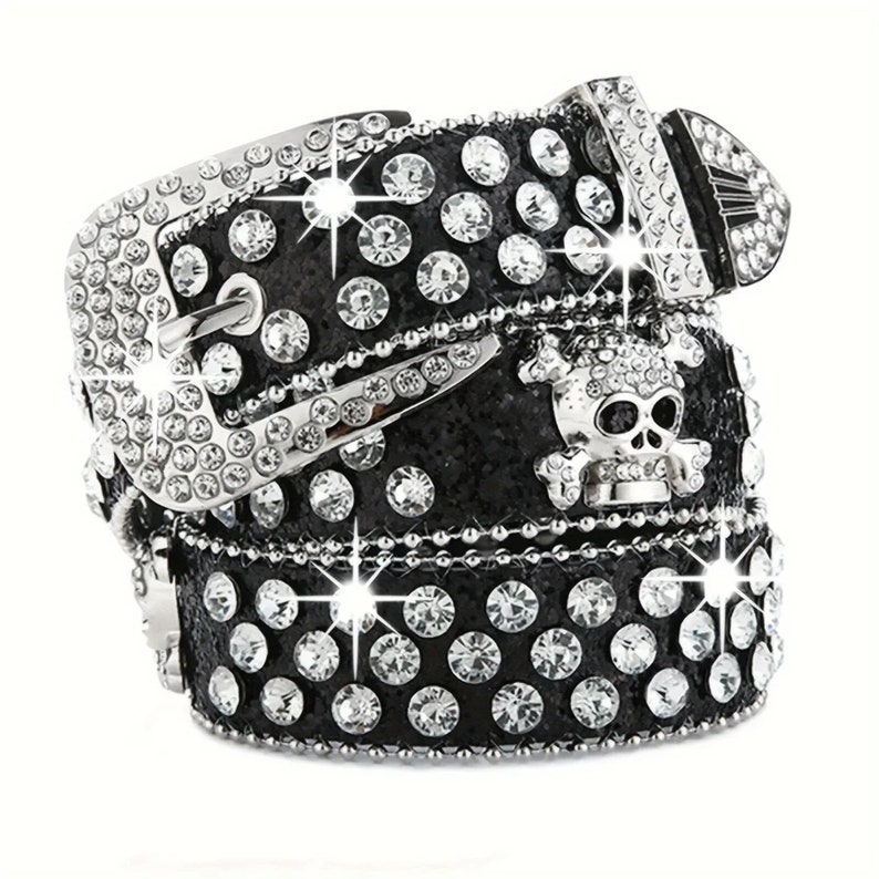 Skull Rivet Rhinestone Bb Belts Trendy Solid Color Sparkling PU Leather Belt Cowboy Cowgirl Jeans Pants Belt For Women Girls image 3