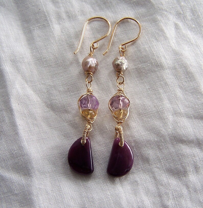 coil wrap Sugilite half moon briolette Amethyst and Citrine rondelle 14k gold fill earwire mauve rosebud pearl