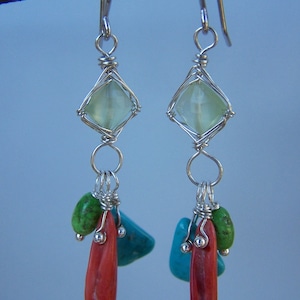 Prehnite, Australian Gaspeite, Sea of Cortez coral, Sleeping Beauty Turquoise, sterling silver earrings