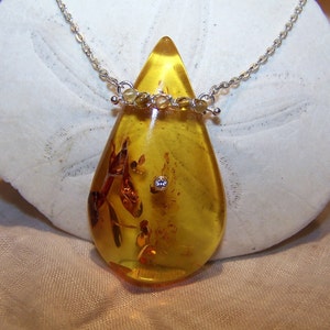 Large Baltic Amber Briolette Necklace: 14k Gold, Topaz, Sterling Silver