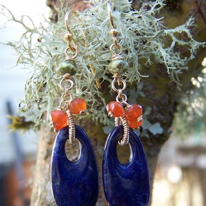Lapis Lazuli elongated donut,Faceted carnelian rondelle, rare Australian Gaspeite rondelle, 14k gold fill  French earwire, earrings