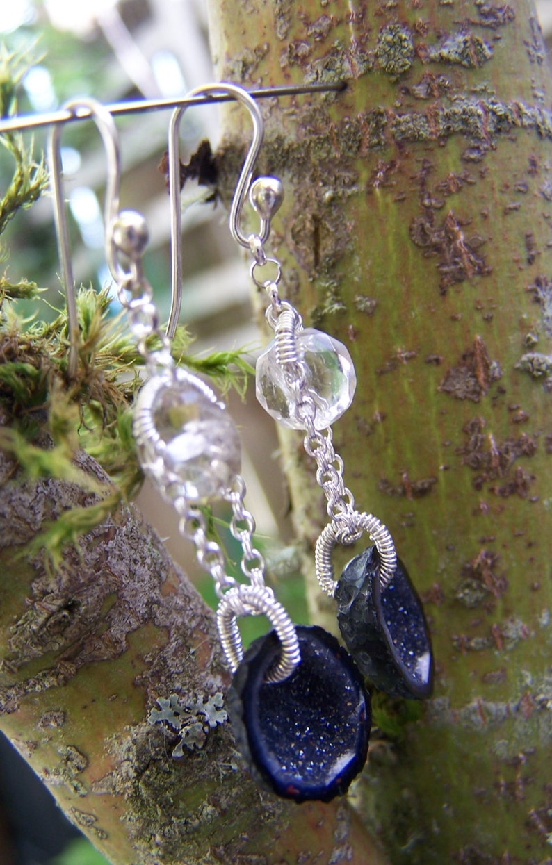 Tabasco Geode Druzy,faceted rock crystal rondelle, sterling silver coil wrap, French earwire image 3