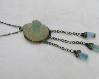 Aquamarine crystal in Quartz dangle necklace, oxidized sterling silver bar chain