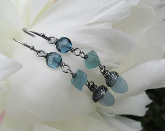 Aquamarine marquise, Apatite nugget, London blue topaz coin, oxidized sterling silver ball ear wire