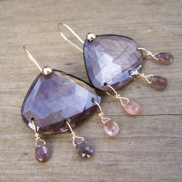 Chocolate Sapphire briolette, rose cut faceted slice, 14k solid gold  hook style earwire