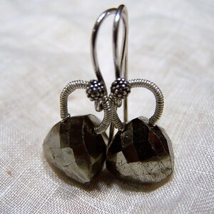 Faceted Pyrite Trillion cut briolette aka fools gold, sterling silver  coil wrap, Bali style earwire, earrings