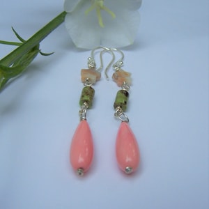 Agate star, Australian Gaspeite barrel, coral briolette, sterling silver earwire