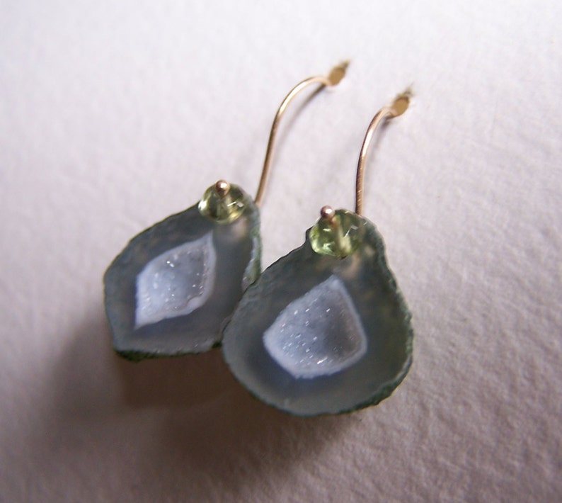 14k solid gold French earwire Mini Geode Druzy Peridot