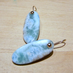 Larimar smooth briolette, 14K Solid Gold dome earwire image 2