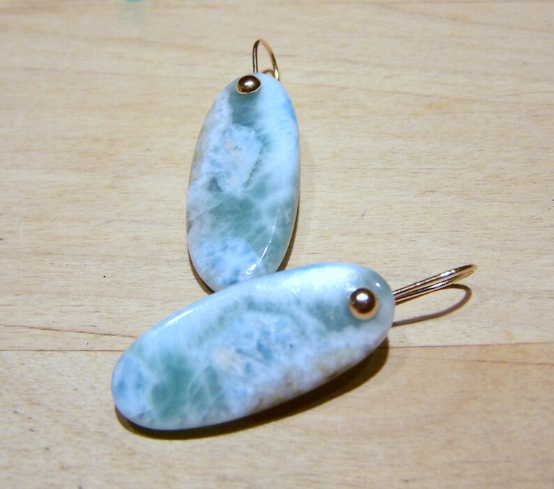 Larimar smooth briolette, 14K Solid Gold dome earwire image 2