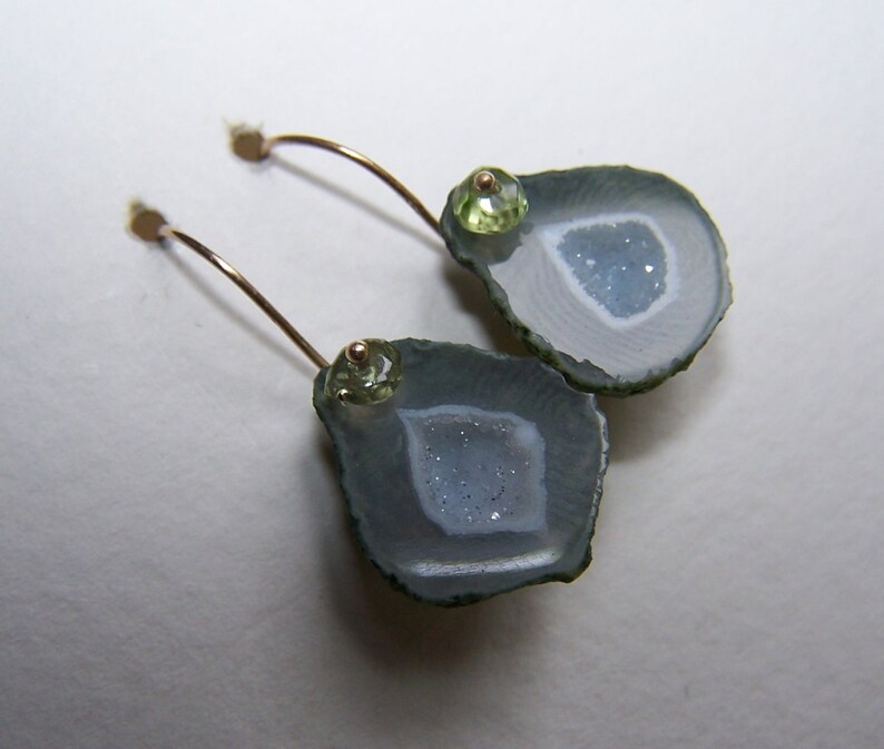 14k solid gold French earwire Mini Geode Druzy Peridot