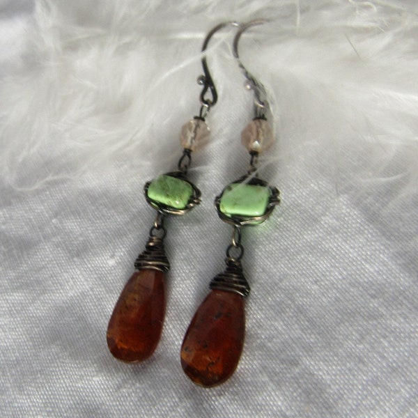 Orange Kyanite, Australian Gaspeite, Oregon Sunstone, oxidized sterling silver dangle earrings