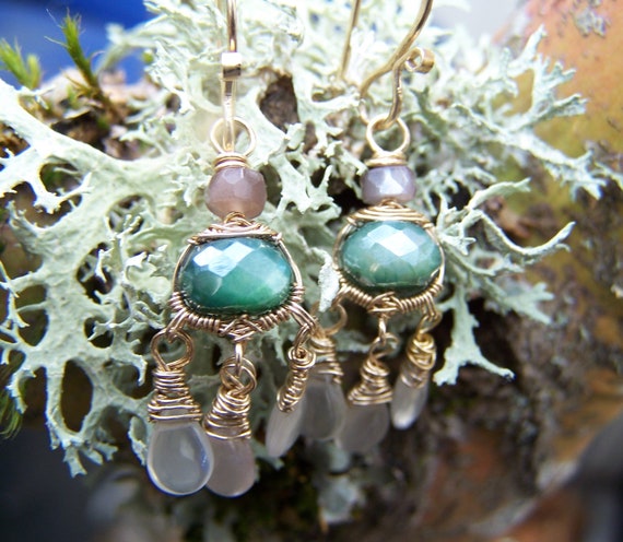 Faceted Australian Moonstone, Oregon Sunstone smooth briolette, 14k 2024 gold fill wrap chandelier earrings