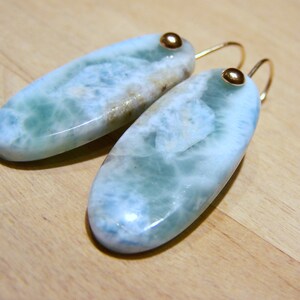 Larimar smooth briolette, 14K Solid Gold dome earwire image 3