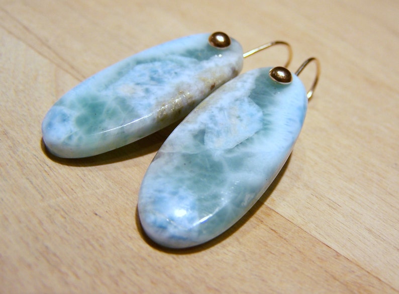 Larimar smooth briolette, 14K Solid Gold dome earwire image 3