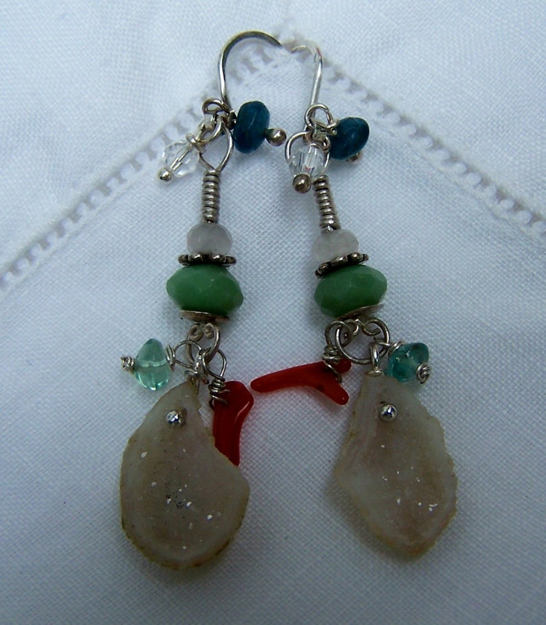 Tabasco Geode Druzy, Chrysoprase, branch coral,apatite rose quartz, hook ss earwire image 2