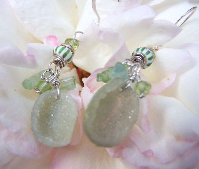 Chevron trade bead Green and Blue Tourmaline stick Peridot rondelle sterling silver earwire Tabasco Geode