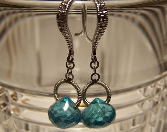 Faceted Neon Apatite  Onion briolette, sterling silver coil wrap, Inset crystal hook style earwire, earrings