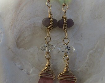 Sapphire shield  briolette, herkimer diamond, grape agate, faceted prehnite, 14k gold filled earring