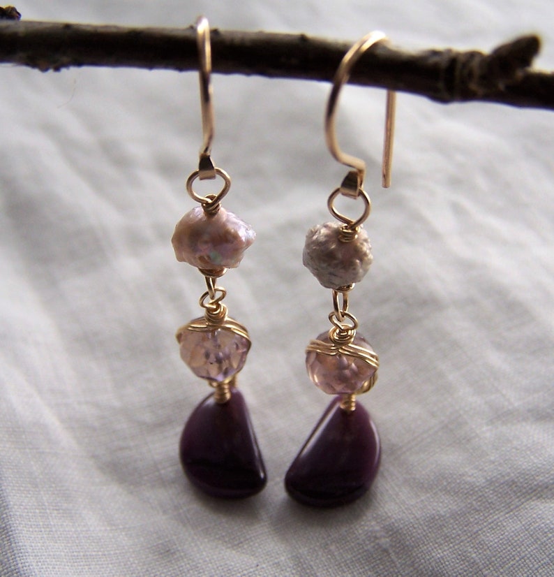 coil wrap Sugilite half moon briolette Amethyst and Citrine rondelle 14k gold fill earwire mauve rosebud pearl