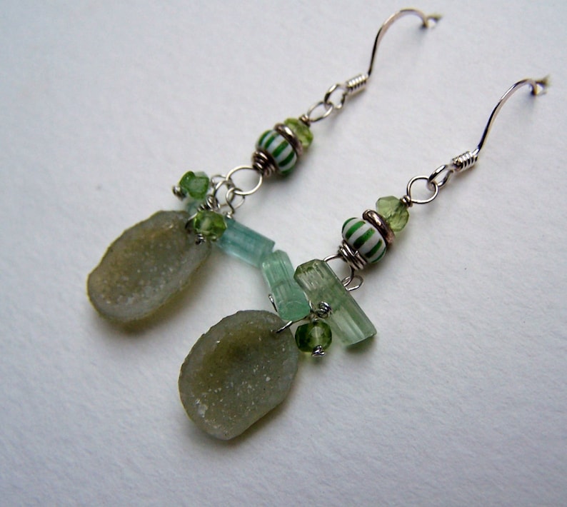 Chevron trade bead Green and Blue Tourmaline stick Peridot rondelle sterling silver earwire Tabasco Geode