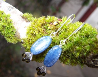 Cornflower blue Smooth Kyanite Ovals- Basketweave  tiny smoky Quartz rondelle,sterling silver talisman  ear wire
