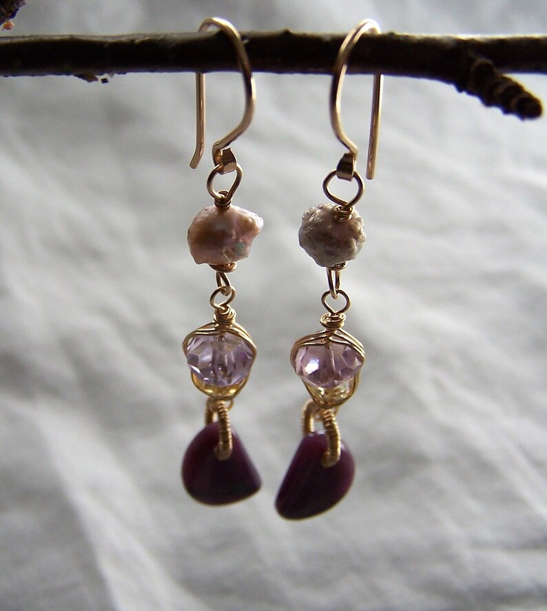coil wrap Sugilite half moon briolette Amethyst and Citrine rondelle 14k gold fill earwire mauve rosebud pearl