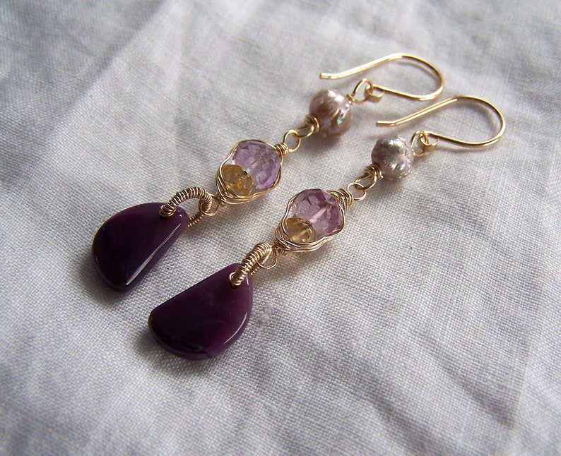 coil wrap Sugilite half moon briolette Amethyst and Citrine rondelle 14k gold fill earwire mauve rosebud pearl