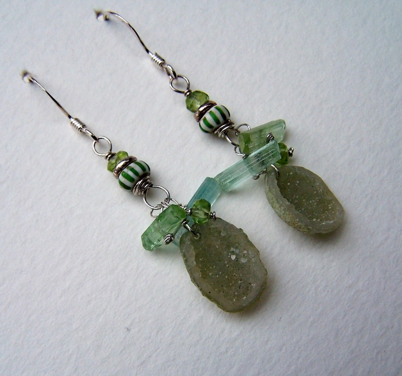 Chevron trade bead Green and Blue Tourmaline stick Peridot rondelle sterling silver earwire Tabasco Geode