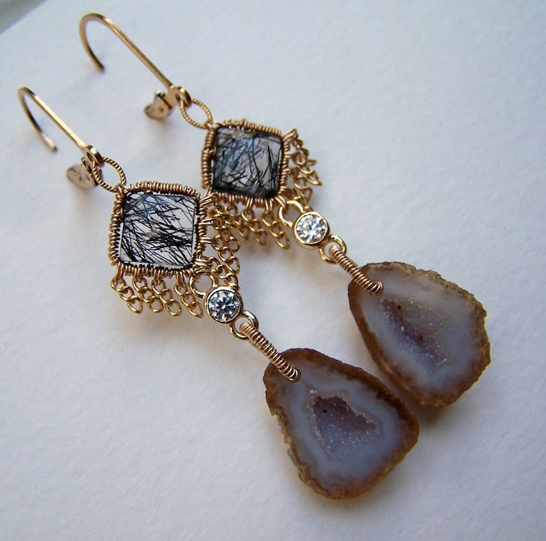 tourminalated quartz with chain fringe leverback earwire Tabasco Geode Druzy 14k gold fill coil wrap tiny crystal link