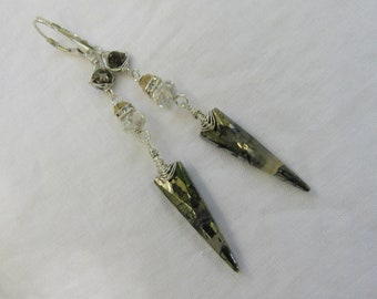 Marcasite, Rock crystal, citrine,pyrite, cz square, sterling silver dangle earrings