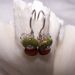 Australian Gaspeite, Pyrope Garnet, tiny Faceted Rock crystal rondelle, sterling silver hook style earrings