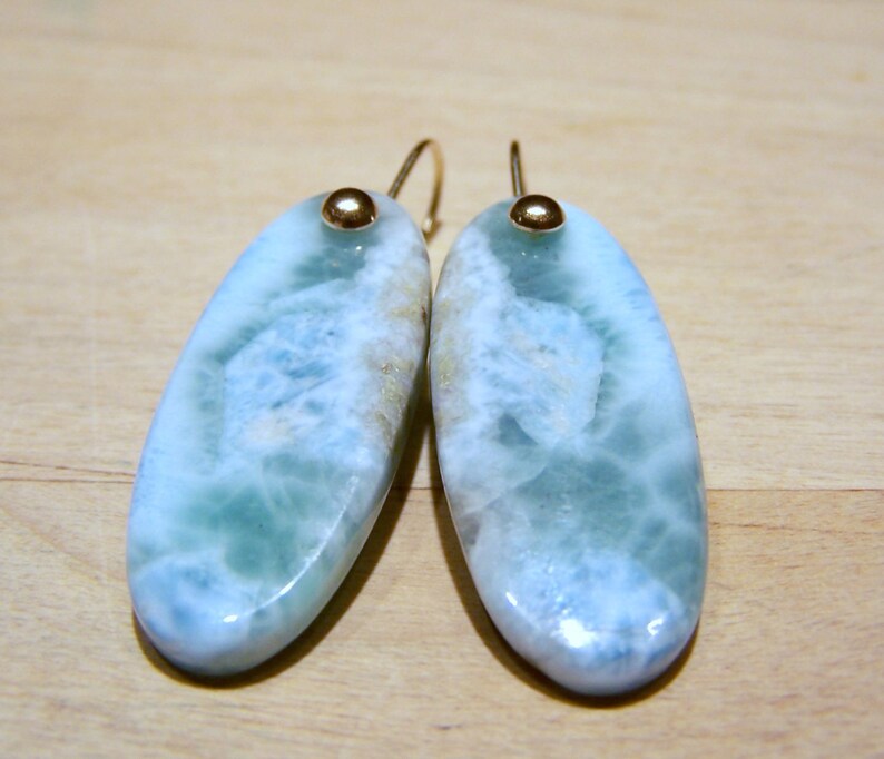 Larimar smooth briolette, 14K Solid Gold dome earwire image 4