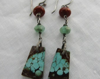 Turquoise, Australian Chrysoprase, Oregon Opal, oxidized sterling silver earrings